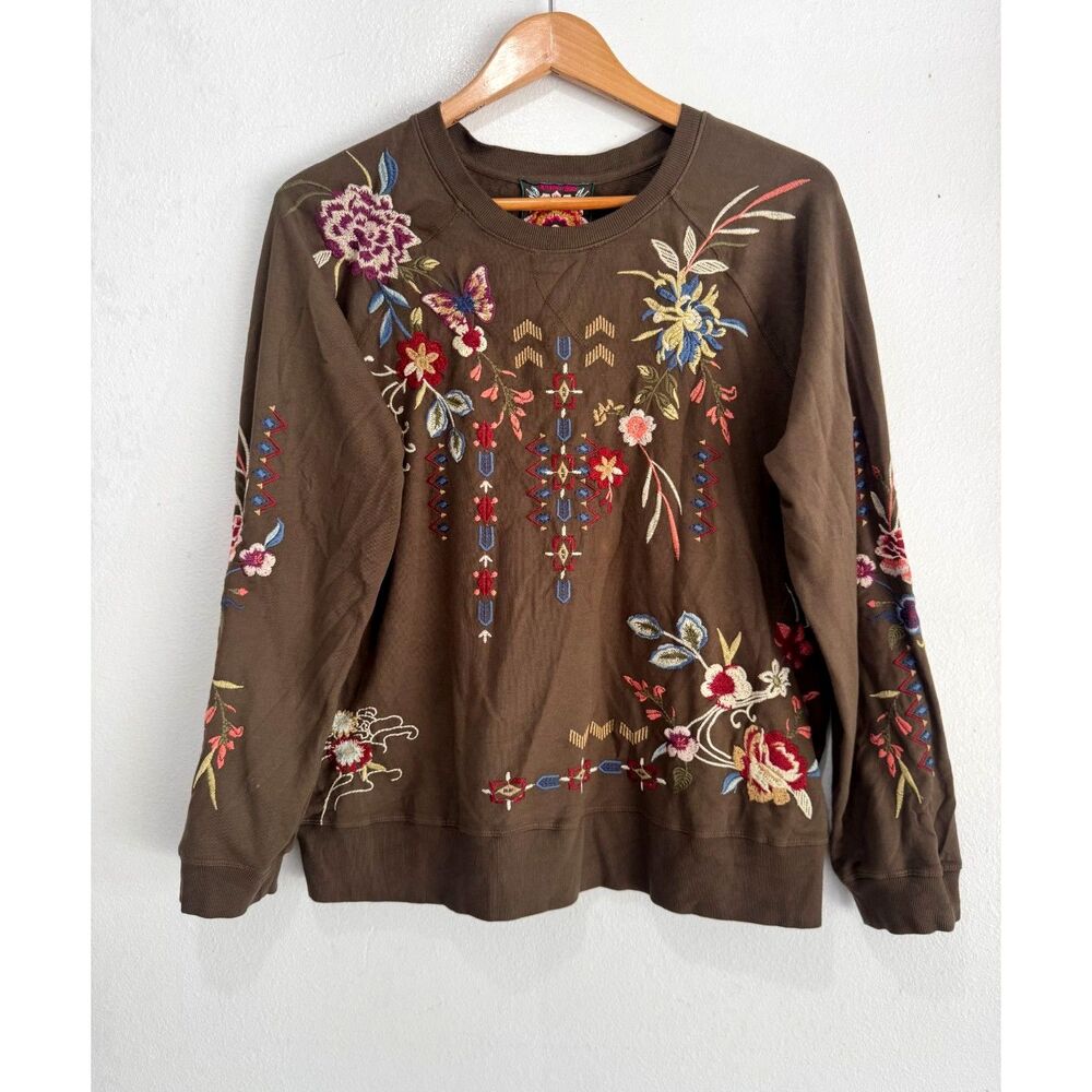 Johnny was bohemian sweatshirt embroidered floral brown classic casual women M